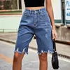 Shorts pour femmes 2023 Summer Femmes Denim Taille haute Ripped Jeans Street Perforé Mode Frange de fourrure Cinq points 230419