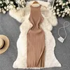 Casual Dresses Halter ärmlös Split Basic Elastic Knit Bodycon Dress French Sexy Chic Elegant Party Vestidos Women Summer Slim