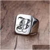 Band Rings Retro Initials Signet Ring For Men 18Mm Bky Heavy Stamp Male Band Stainless Steel Letters Drop Delivery Jewelry Ri Dhgarden Otyh5