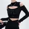 Women's T Shirts Streetwear Grunge Dark Cold Shoulder Black T-shirts Women Lace Up Skinny Crop Top Cut Out Sexy Gothic Clothes