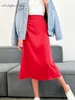 Skirts 2023 Summer Women's Satin Skirt Elegant Purple A Line Shiny Skirt High Waist Mid-length Skirts Red Office Long Skirts for Womans P230420