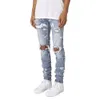 Mens Jeans Ripped Paint Distressed Button Fly Zipper Leg Hip Hop High Street Skinny Denim 230420