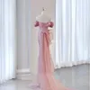 활주로 드레스 핑크 유명 인사 드레스 인어 보트 목을 숄더 스팽글 반짝이는 분리 가능한 기차 웨딩 파티 섹시 무도회 가운 관습