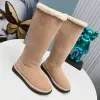 Triangle-logo Shearling suede knee snow boots calfskin Snow ski booties flats Slip-on Women's fashion winter boots Round toe luxury designer factory shoes with box