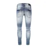 Mäns jeans high street mode män retro tvättade blå stretch mager rippade knappar lappade designer hip hop varumärke byxor