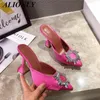 Chaussures habillées ALIONLY pompes soie Satin bout pointu strass cristal talons hauts pour femmes 2023 été mariage sans lacet coupe Mules à talons