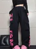 Pantalon Femme Houzhou Y2K Cargo Femmes Rétro Rose Pantalon imprimé Femme Personnalité Street Hip Hop Lâche Casual Danse Sports Harajuku