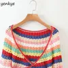 Traje de baño para hombres Multicolor Rayas Crochet Crop Top Mujeres Cross V Cuello Manga corta Punto Sexy Wrap Femme Verano Boho S Blusas LJPZ9279 230420