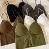 Women's Tanks Cami Seamless Crop Top Underwear Wire Free V Shaped Camisole Thin Straps Striped Solid Bralette Lingerie Tube Tops 230419