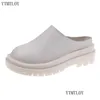 Slippers Dames 2021 Zomermode gesloten teen lederen schoenen Loafers hoog platform zwarte hakken mes ytmtloy wiggen indoor drop leveren otyhu