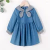 Vestidos de niña Vestido de mezclilla Versión de otoño Cuello a rayas de viento azul marino Ropa de manga larga para niños 5 P / l