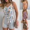 Kvinnors jumpsuits rompers sexig v-hals spaghetti rand blommig tryck kvinnor kort romper playsauit kvinnlig strand ruffle ärmlös 2023 mode casual jumpsuit p230419