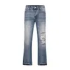 Mens Jeans Kontrast Färghål tvättat blått för män Streetwear Loose Ripped Flare Pants Frayed Retro Casual Overized Denim Trousers 230420