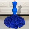 Abiti da festa Blu Paillettes Sirena Lungo Prom 2023 Lusso Scollo a V Fiori 3D Treno Abiti da sera formali da donna