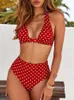 Yüzme Giyim 2023 Seksi Yüksek Bel Dot Baskı Bikini Mayo Kadınlar Yular Bikini Set Seti Kadın Biquini Beach Wear Bathing Suit AA230419