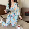 Women's Sleepwear Spring And Autumn Cotton Silk Home Air Conditioner Pajamas Summer Large Korean Pants 7/4 Sleeve Two Piece Set