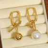 Hoop Earrings AENSOA Asymmetry Irregular Pearl Geometric Drop For Women Gold Color Hollow Oval Metal Ball Hanging