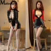 Sexy renda retalhos de couro erótico mini feminino decote em v profundo látex clubwear lingerie catsuit fetiche clube vestido pólo trajes