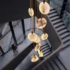 Lampes suspendues Moderne LED Marbre Plafond Lustre Escalier Salon Éclairage Intérieur Simple Lampe En Cristal Ronde Villa Longue