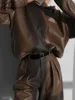 Pantalones de dos piezas para mujer Oymimi Moda Marrón Pu Cuero Conjuntos de 2 piezas Traje de mujer Camisa con capucha de manga larga de invierno con pantalones de cintura alta Conjunto femenino 231118