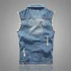 Men's Vests 2023 Hole Light Blue and Dark Denim Jacket Fashion Frayed Casual Vest Korean Trend 230420