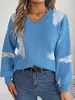 Women's Sweaters Autumn Winter Casual Loose Knit Tops Irregular Pattern Print Long Sleeve V-Neck Knitwear