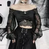 Women's T-Shirt Goth Sexy Lace Mesh Flared Long Sleeve Corset Crop Tops Y2K Harajuku Vintage Aesthetic Black T-shirts Women Tops Tees Streetwear 230420