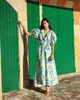 Casual Dresses Women Organic Cotton Blue Floral Printed Puff Short Sleeve Waist Laceup Long Dress 230420