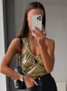 Women's Tanks Camis One Shoulder Cut Out Crop Top Women Summer Twist Ruched Backless Tank Y2K Style Metallic s Gold Silver 230419