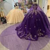 Purple Quinceanera Dresses Sexy Off the Shoulder Princess Gold Applique Bow With Cape Ball Gown Corset Party Dress for 15 Year Girl