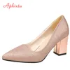 Dress Shoes Aphixta Bling 7cm Chunky Heels Women Pumps Shoes Students Dance Sequined Gold Wedding Party Leisure Super Small Size 31-46 230420