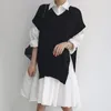 Sukienki swobodne Korea Korea Południowa Jesienna prosta rozłam kamizelka z kamizelką na lapie jednokierunkową koszulę długodystansową sukienkę