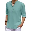 T-shirts pour hommes en lin à manches longues col en V T couleur unie surdimensionné décontracté coton grande taille Yoga bouton s pour hommes 230420