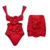 Mulheres Swimwear Vermelho 2023 Sexy 3D Flor Recorte Uma Peça Saia Luxo Mulheres Swimsuit Bikini Set Beach Biquini Banheira Terno Vestido