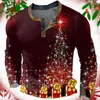 T-shirts pour hommes T-shirt de Noël pour hommes avec chemise en coton boutonnée Santa Claus Bells Graphic Print Tee-shirt à manches longues Vêtements surdimensionnés Top