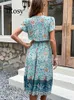 Casual Dresses Green Floral Print Boho Midi Summer Dress Women Elegant Short Petal Sleeve Dresses Party Vacation Beach Outfits Female Robe 230420