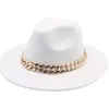 Stingy Brim Hats Fedora Hats for Women Men Wide Brim Thick Gold Chain Band Felted Hat Jazz Cap Winter Autumn Panama Red Luxury Hat Chapeau Femme 220514