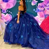 Navy Blue V-Neck Sequin Off The Shoulder Quinceanera Dress Ball Gown Sweep Train Lace Flower Beads Tulle Princess Party Prom Dress