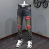 Jeans pour hommes Streetwear Mode Hommes Rétro Noir Gris Stretch Skinny Fit Ripped Rouge Patché Designer Hip Hop Marque Pantalon Homme