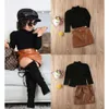 INS Kids Spring Fall Outfits Girls Black High Collar Puff Sleeve T-shirt+Brown PU leather Skirts 2Pcs Lady style Child sets A5270