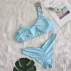 Traje de baño de mujer Bikini brillante 2023 Sexy sólido un hombro recortado Push Up traje de baño señora cristal traje de baño Tanga brasileña 230420