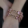 Gliederarmbänder Roségold Farbe Rosa Rechteck Zirkonia 12mm CZ Kubanische Kette Pinky Rock Punk Damen Armband