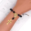 Braccialetti con ciondoli Goboho Bracciale con croce di Cristo per uomo Gioielli di preghiera placcati in oro Pietra naturale regolabile Pulsera Onice nero