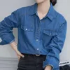 Kadınlar Blouses 2023 Bahar Koreli Vintage Uzun Kollu Moda Mavi Kadın Denim Gömlek Tops Z046