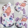 Cobertores Swadling 3pcs Baby Swaddle Wrap Print Floral Print Stretch Recebendo com faixa e gorro correspondentes