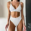 Women's Swimwear Sport Leisure Lettering Embroidery Swimsuit Monochrome Stitching White Edge Panties Bra Sets Sexy Wireless Beach Wear YZW047 230420