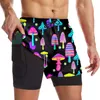 Mäns shorts Psychedelic Magic Mushroom Mens 2 i 1 Kör snabb torr gym atletiska träningskläder med sidofickor 230419