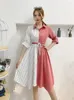 Casual Dresses Women Spring Summer Dress Button Belt Elegant Polo Collar High midja Single Breasted Stripe Contrast Color Shirt D2314