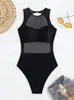 Women's Swimwear Sexy See Through One Piece Swimsuit 2023 Women Solid Black Mesh Transparent Hollow Out Backless Bathing Suit Beachwear