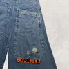 Jeans pour femmes rétro taille haute JNCO Y2K hommes grande poche mode Hip Hop bleu pour femmes Baggy Skateboard pantalon 231120
